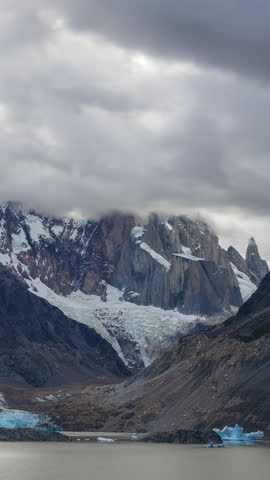 Cerro Torre mountain peak with glacier and lake in Los Glaciares National Park, Patagonia, Argentina