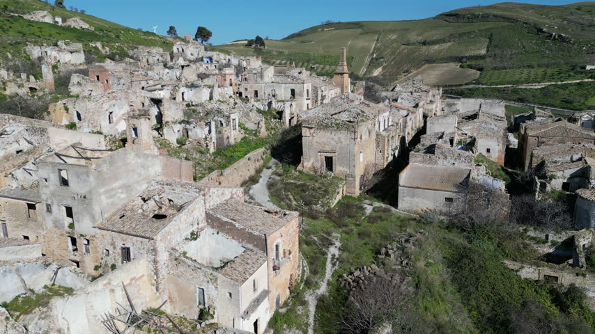 Aerial view of remains of Poggioreale, a town in central Sicily that was partly destroyed by the 1968 Belice earthquake in central Sicily, Italy

