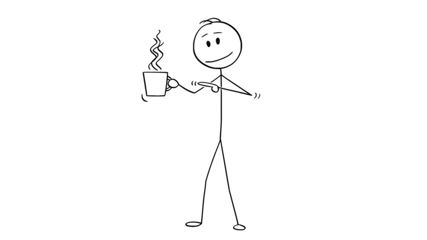 Cartoon stick figure drawing conceptual illustration of man holding cup of hot beverage, coffee or tea and pointing at it.