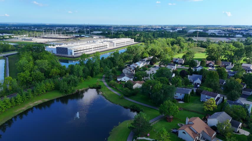 Aerial view of a data center and suburban neighborhood in Hilliard, Ohio