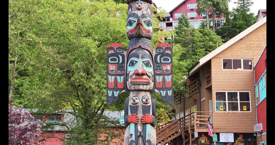Native American Totem Pole Near Creek Street Ketchikan Alaska in 4K