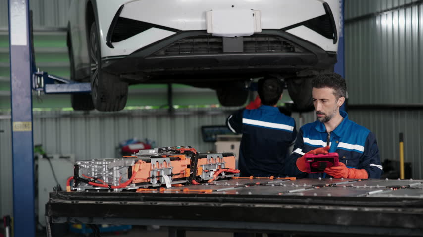 Battery inspection on a tablet by a mechanic beside the open EV battery pack while a coworker works under the raised car