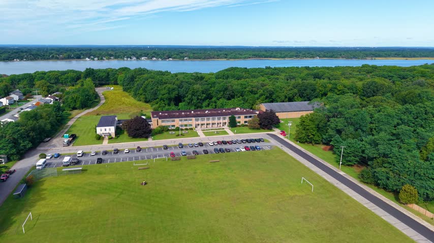 Highlander Charter School of Warren aerial view at 360 Market Street in town of Warren, Rhode Island RI, USA. 