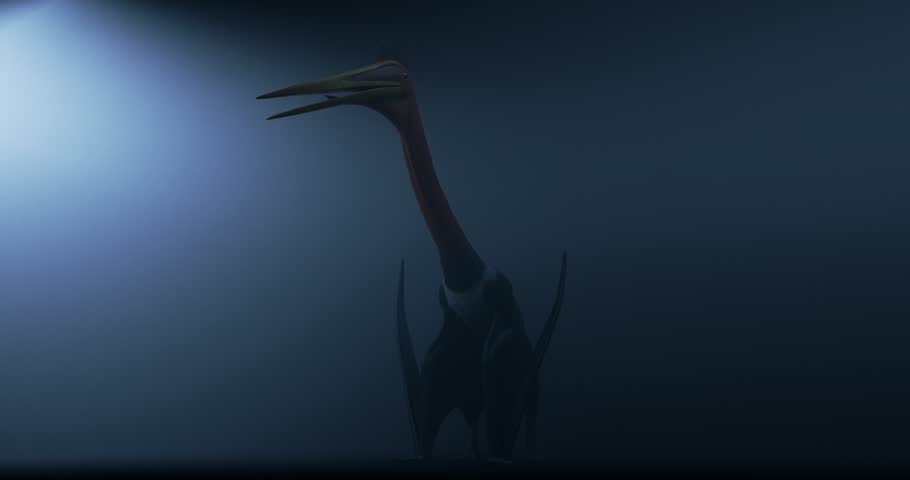 Shaky handheld camera recording giant scary quetzalcoatlus silhouette standing in dark foggy night with lightning flashes