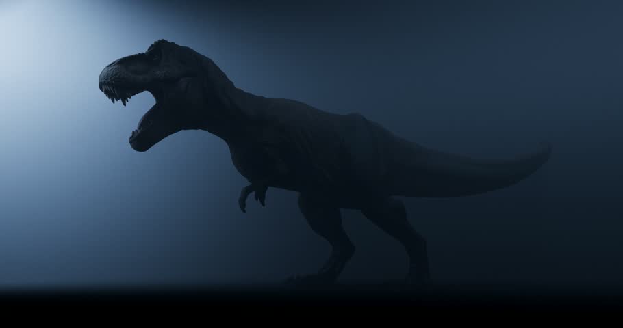 Shaky handheld camera recording scary tyrannosaurus rex silhouette standing in dark foggy night