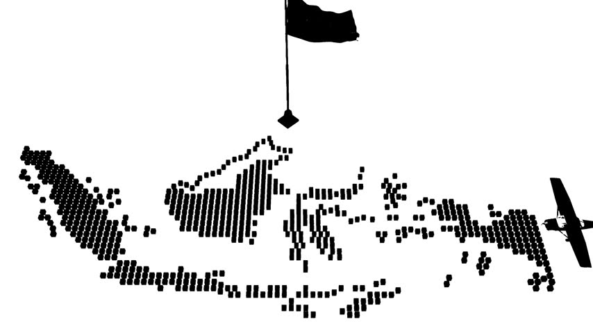 A stylized black and white silhouette of the Indonesian archipelago, featuring a national flag atop and an airplane in flight. Represents travel, geography, and national identity.