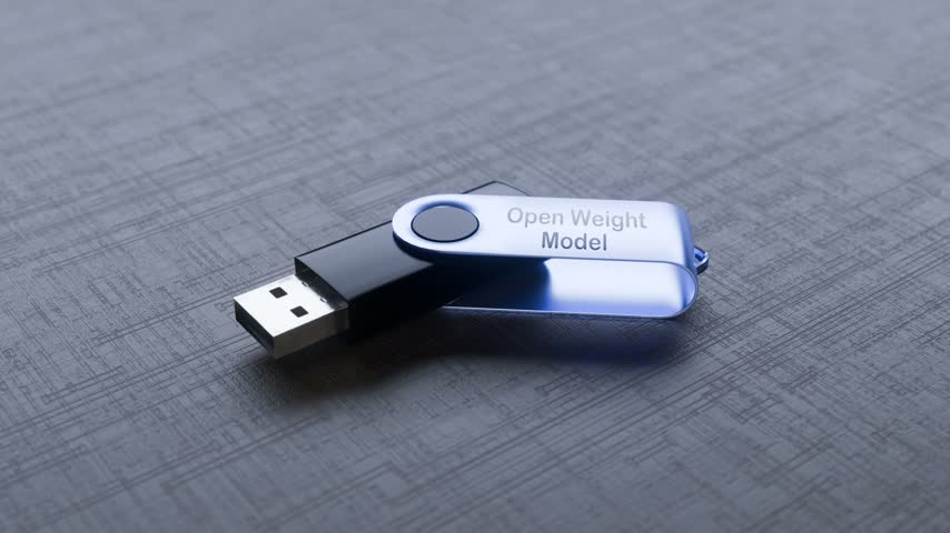 3D render of a USB flash drive with "Open Weight Model" label on the cover. 