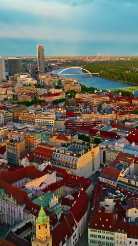 Aerial view of beautiful view of the old city center of Bratislava, Slovakia