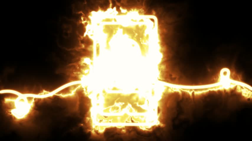 Fiery gas pump icon burning with bright orange flames and glowing electric energy line on black background. 4K animation.