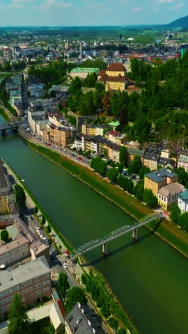 Aerial view of Austrian city of Salzburg is the birthplace of the famous composer Mozart