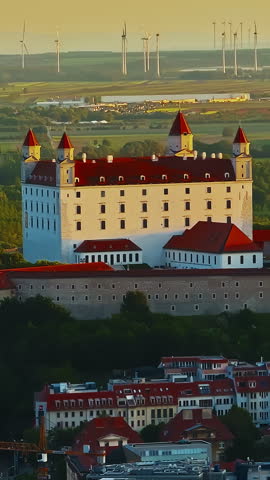 Aerial view of Bratislava Castle at sunset, a historic landmark in the capital city of Bratislava, Slovakia