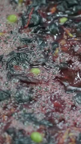 Macro vertical view of fermenting dark wine grape juice with bubbles, skins, and seeds in a container during traditional wine production.