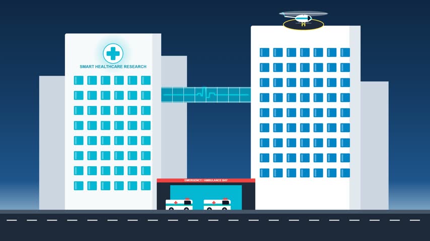 Modern flat vector healthcare hospital architecture featuring rooftop emergency helipad, glowing medical cross, heartbeat pulse line, and ambulances in seamless ultra high definition motion loop.