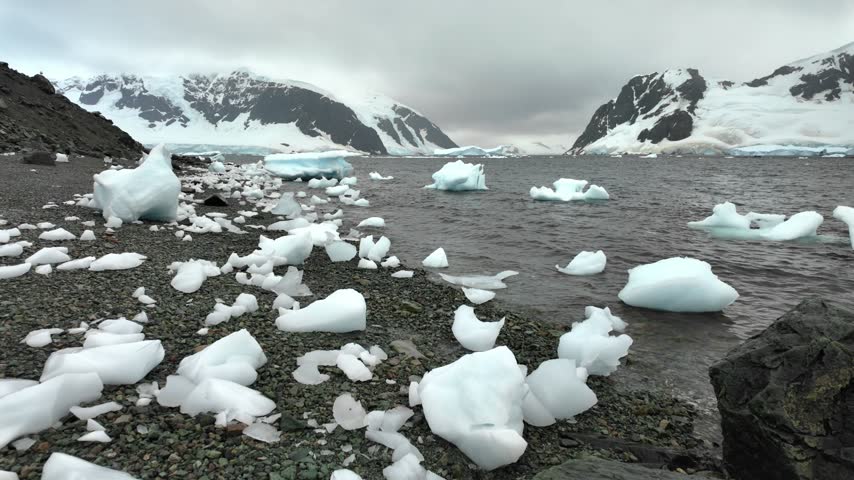 White and blue ice fragments line a rocky shore beside dark rippling water and snow-covered mountains in Antarctica.
