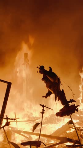 Silhouette of warrior amid fiery destruction at sunset