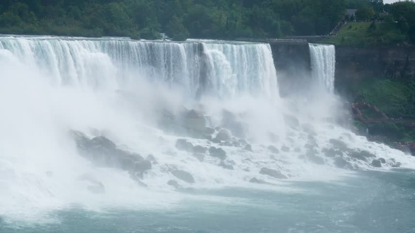 Close View of American Falls with Heavy Mist and Rocky Base