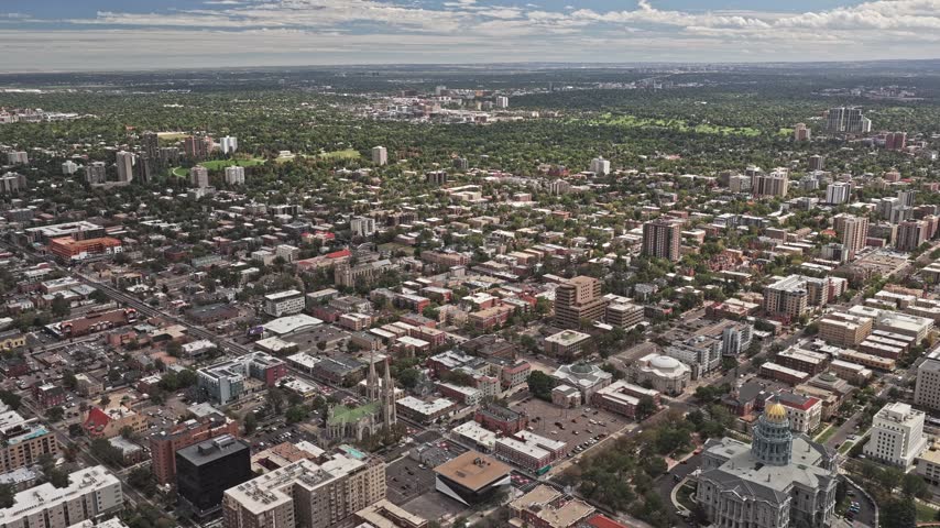 Aerial view of the Colorado State Capitol and the surrounding urban landscape of Denver, Colorado, United States.
