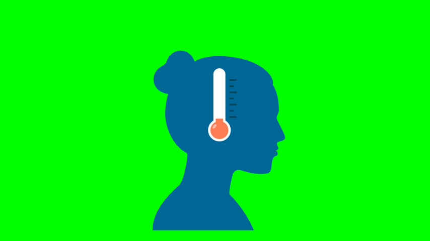 Woman with thermometer in her head. Anxiety, tension, stress. Colds. Angry girl in anger, steam coming out of her ears. Unhappy girl upset, angry. Control of emotions. 2d flat animation. Alpha channel