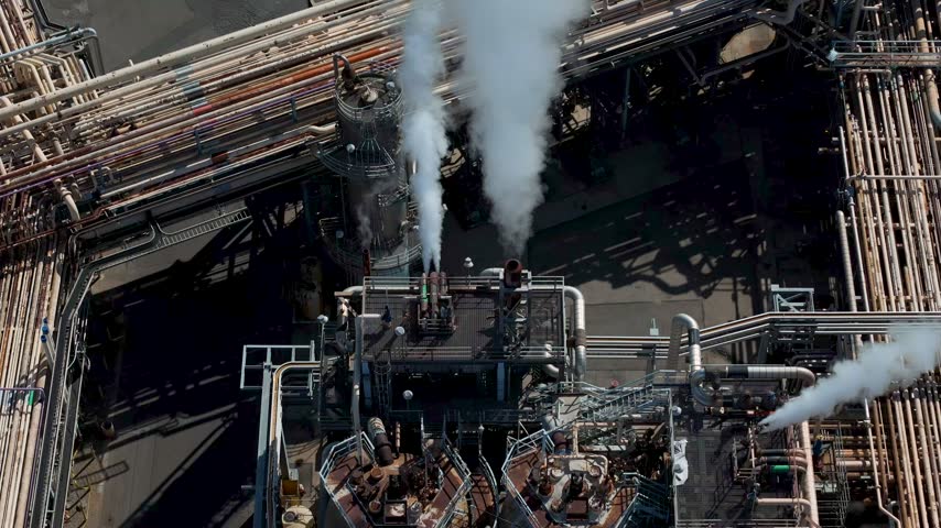 Aerial view of an industrial oil refinery with complex piping systems and steam rising from stacks in Carson, California, United States.