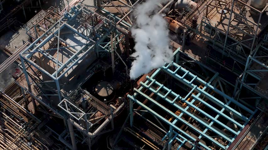 Aerial view of an industrial refinery complex with metal piping, steel structures, and steam rising from a vent in Carson, California, United States.