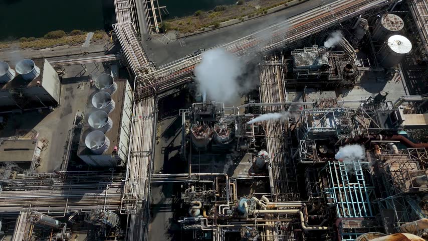 Aerial view of industrial refinery with complex pipe networks, cooling towers, and steam vents in Carson, California, United States.