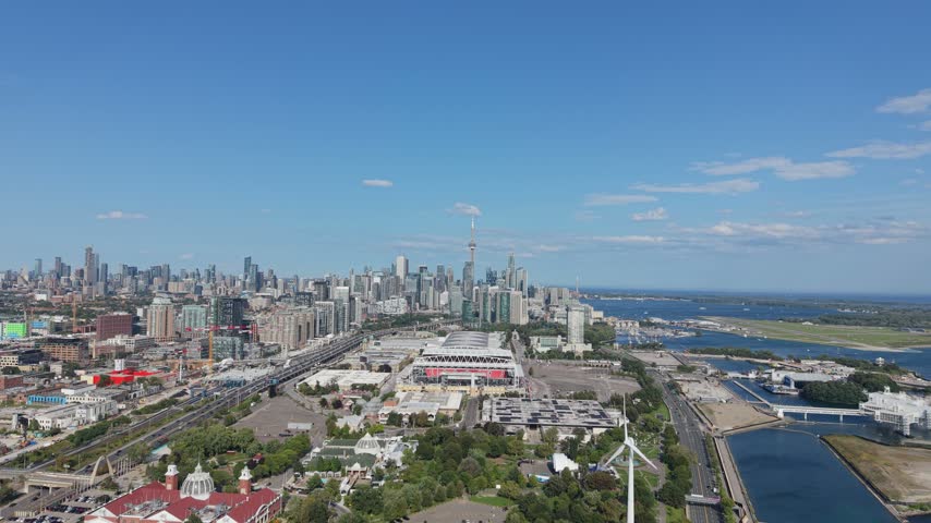 Toronto Skyline Aerial over Exhibition Place, CN Tower and Waterfront