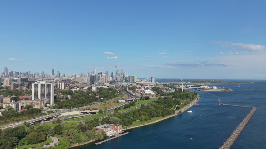Toronto Waterfront Aerial with CN Tower, Lakeshore and Downtown Skyline