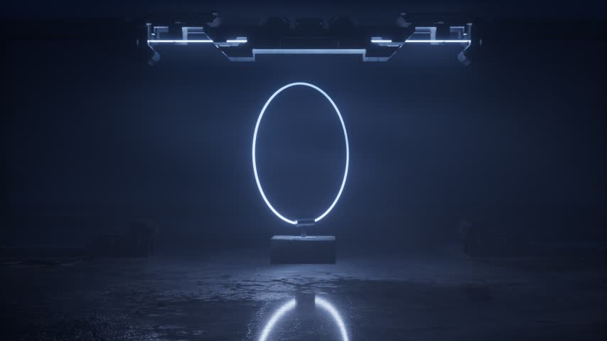 A tall glowing oval ring rises from a stone pedestal in a dark blue fog, its light mirrored on the damp concrete floor. Seamless loop.