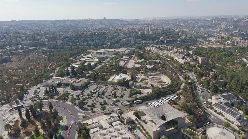 Aerial view of The Israel Museum in Jerusalem, featuring modern architecture, landscaped gardens, and parking areas in Jerusalem, Jerusalem District, Israel.