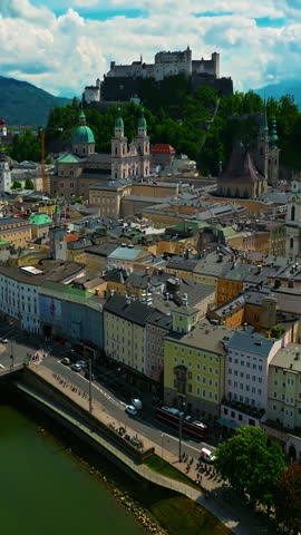 Aerial view of Austrian city of Salzburg is the birthplace of the famous composer Mozart