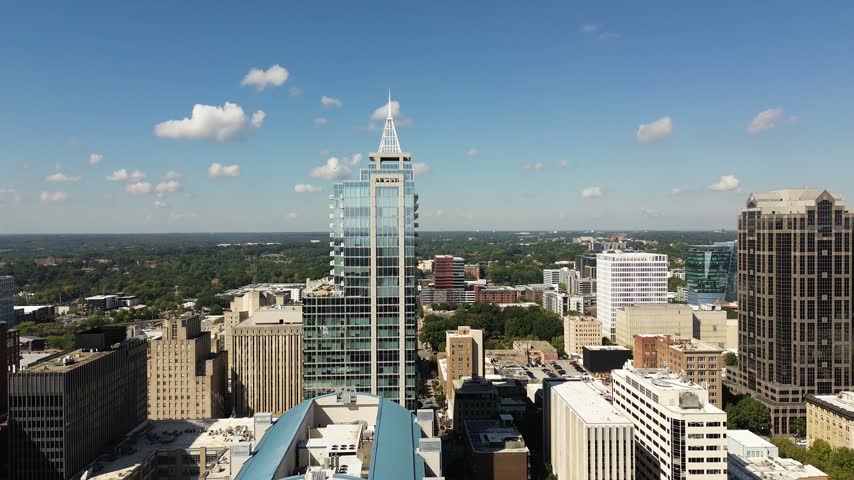 Aerial pullback view of downtown Raleigh, North Carolina skyline