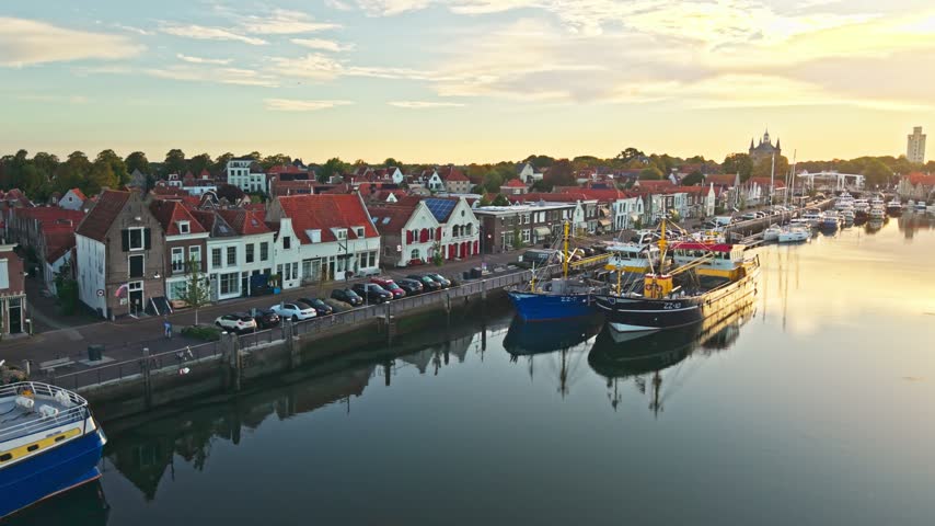 Aerial view of historic fishing boats moored in the harbor of Zierikzee, Zeeland, Netherlands.