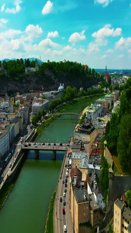 Aerial view of Austrian city of Salzburg is the birthplace of the famous composer Mozart