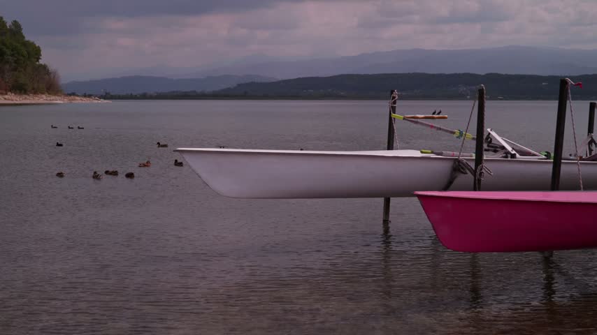 Two Canoes Floating on Lake Sapanca with Birds and Mountain Landscape