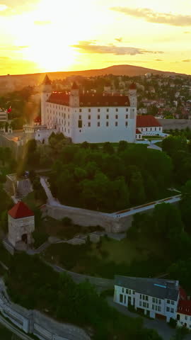 Aerial view of Bratislava Castle at sunset, a historic landmark in the capital city of Bratislava, Slovakia