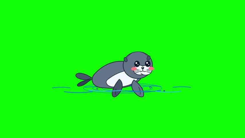 Cute Cartoon Baby Seal Character Waving Hello with a Friendly Smile on the Blue Sea Water Surface