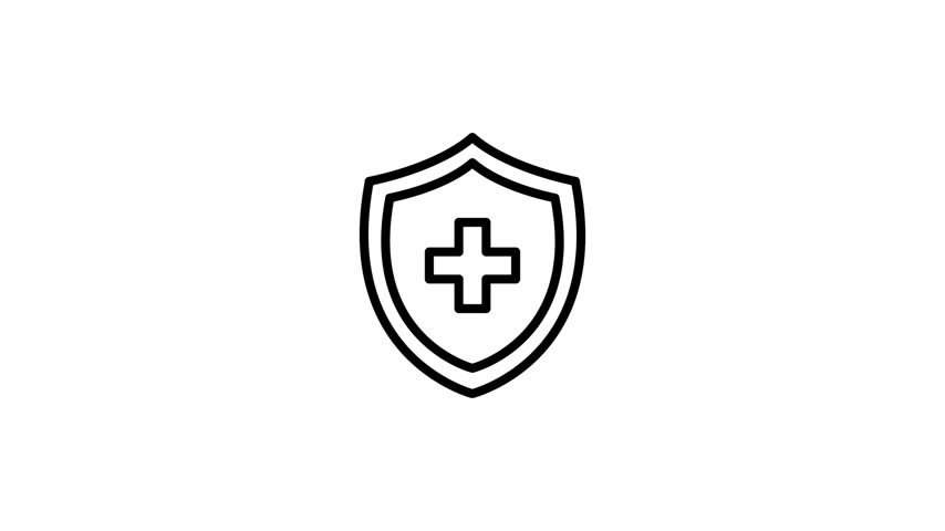 A simple hand drawn black and white line art animation of a medical shield icon with a cross on a white background