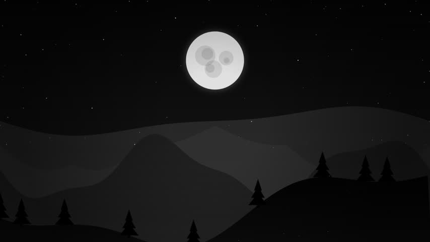 A stunning minimalist monochromatic night landscape featuring a bright full moon over rolling hills and pine tree silhouettes under a starry sky.