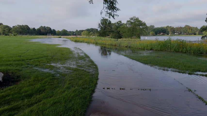 Flooded suburban park and walking path after heavy rainfall, with overflowing lake water covering grass and surrounding low lying areas.