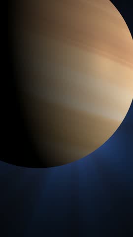 A cinematic close up of the planet Saturn with visible rings against a dark cosmic background.