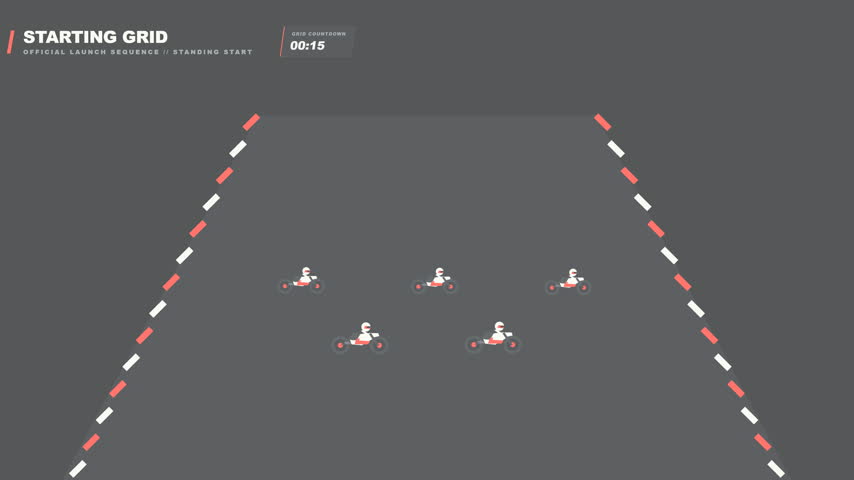 Minimalist flat animation of five racing motorcycles at a starting line with glowing overhead lights indicating a race is ready