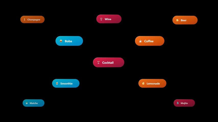 Modern vector drink concept animation featuring commercial beverage badges, cocktail pills, cafe refreshment icons, and mixology bar art on a clean black background.