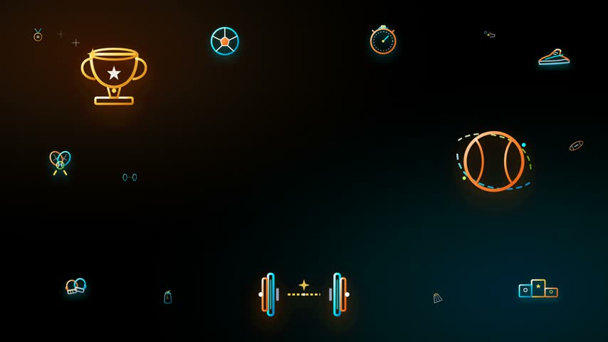 Modern vector sport concept motion animation featuring 15 kinetic athletic icons with generous central copy space for editor text on a clean dark background.