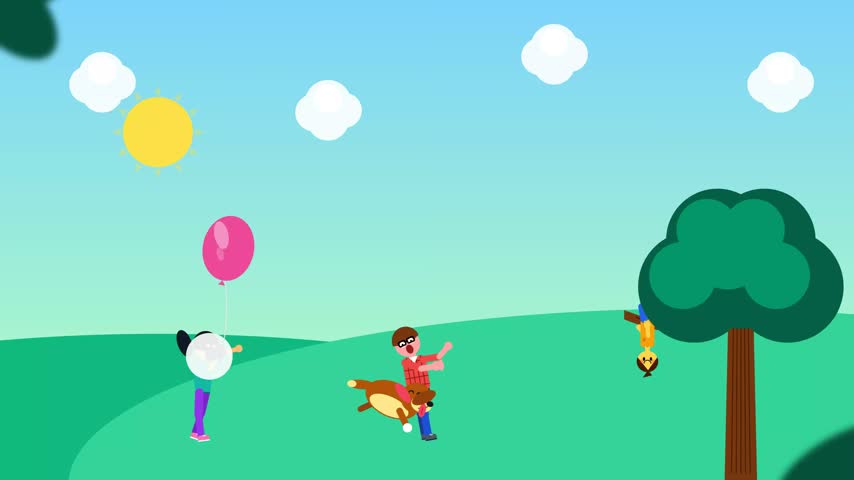 2D animation of a playful family outdoors with a woman holding a balloon, a man carrying a dog, and a child hanging upside down from a tree