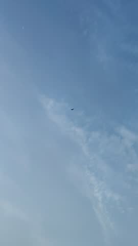Minimal blue daytime sky with a small crescent moon and a bird flying in the distance, creating a peaceful and spacious natural sky scene.