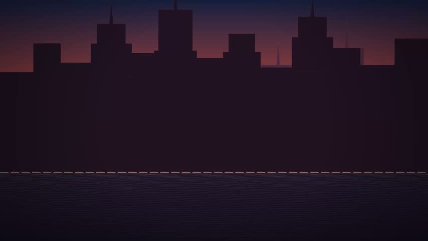 Stylized 2D animated city skyline at night with flickering window lights reflecting on water surface during a transition from dusk to dark.