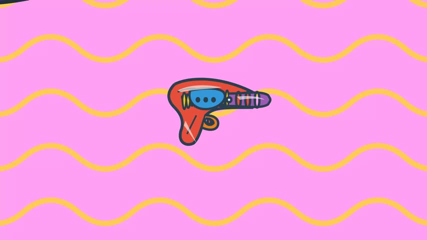 Exploded view of a retro 2D cartoon ray gun disassembling and assembling against a colorful pink background with geometric 80s style shapes