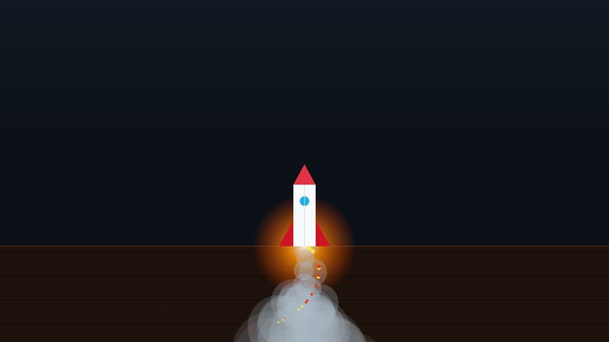 A simple 2d cartoon rocket ship takes off vertically from a dark ground plane against a minimalist night sky backdrop. Bright orange fire and pale grey smoke clouds billow downwards as the white and red vessel ascends upward. The clean graphic design features flat geometric shapes and vibrant primary colors with smooth ascending motion.