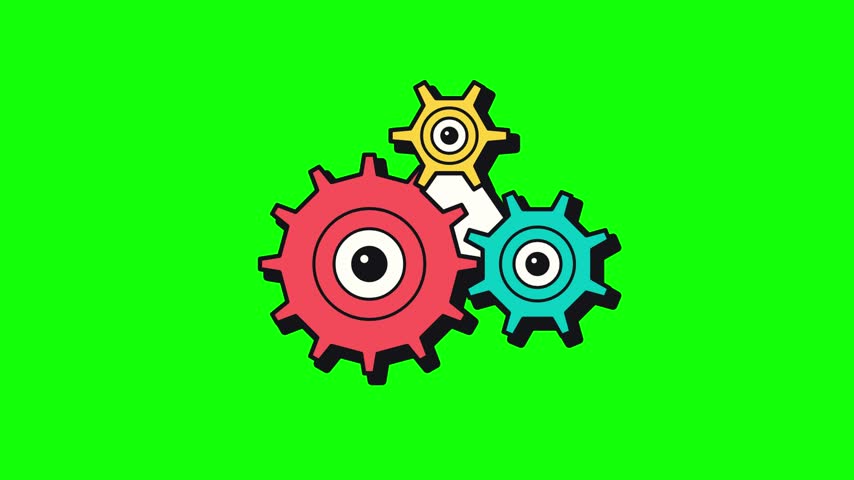 Three vibrant cartoon gears featuring large animated eyeballs spin continuously in synchronization against a bright solid green background. The large red wheel rotates beside a teal gear while a smaller yellow mechanism turns above them, creating a playful mechanical motion graphic sequence showcasing teamwork and smooth coordination.