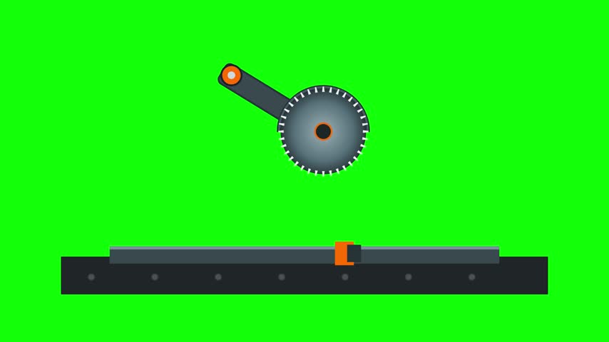 This animated vector graphic features a mechanical circular saw descending from above to cut a grey metallic bar positioned on a dark workbench against a bright green screen backdrop. Bright orange sparks scatter dynamically during the cutting action as the sharp rotating blade slices through the material. The clean modern design utilizes flat vector aesthetics with high contrast colors and smooth motion graphics.